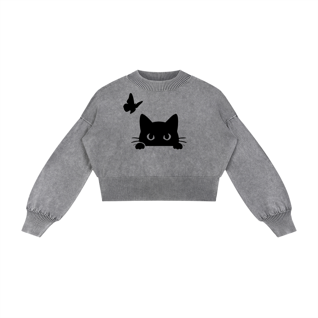 Mineral Wash Balloon Sleeve Cropped Sweater