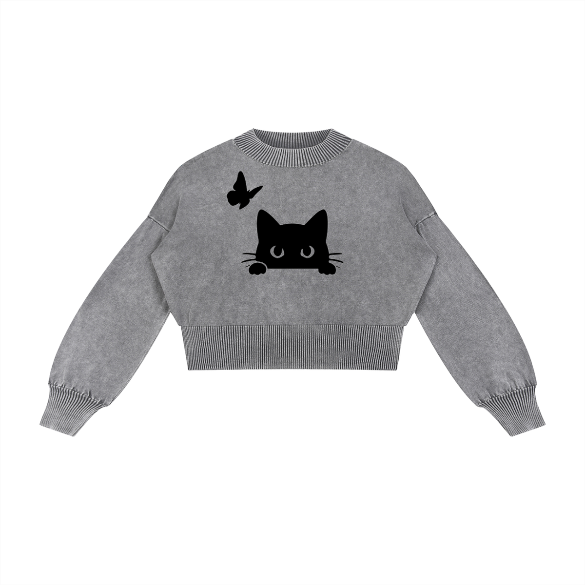 Mineral Wash Balloon Sleeve Cropped Sweater