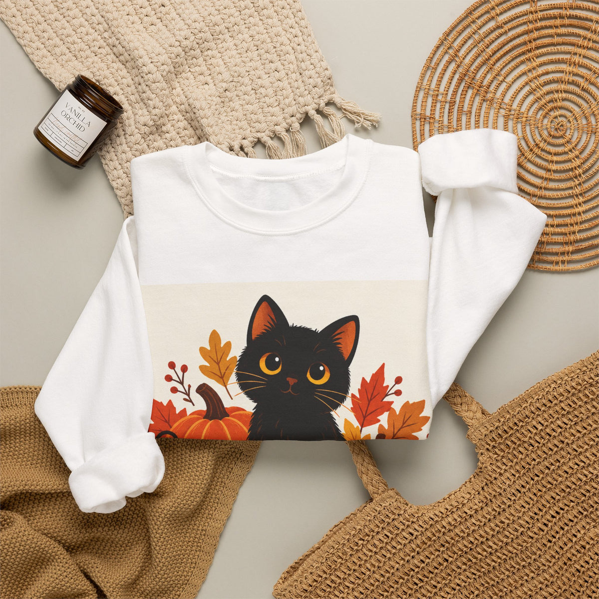 Autumn Black Cat Sweatshirt — Cute Halloween Pumpkin Crewneck