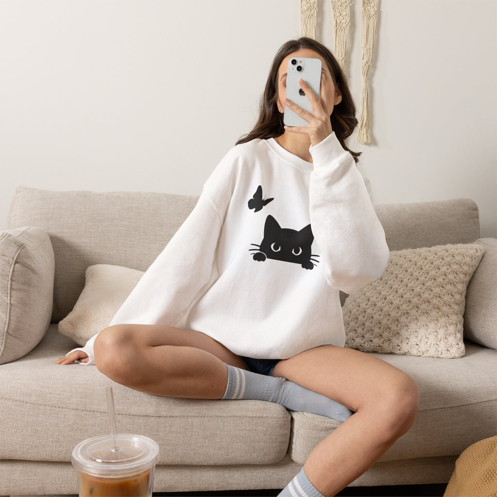 Cute Peeking Cat & Butterfly Sweatshirt