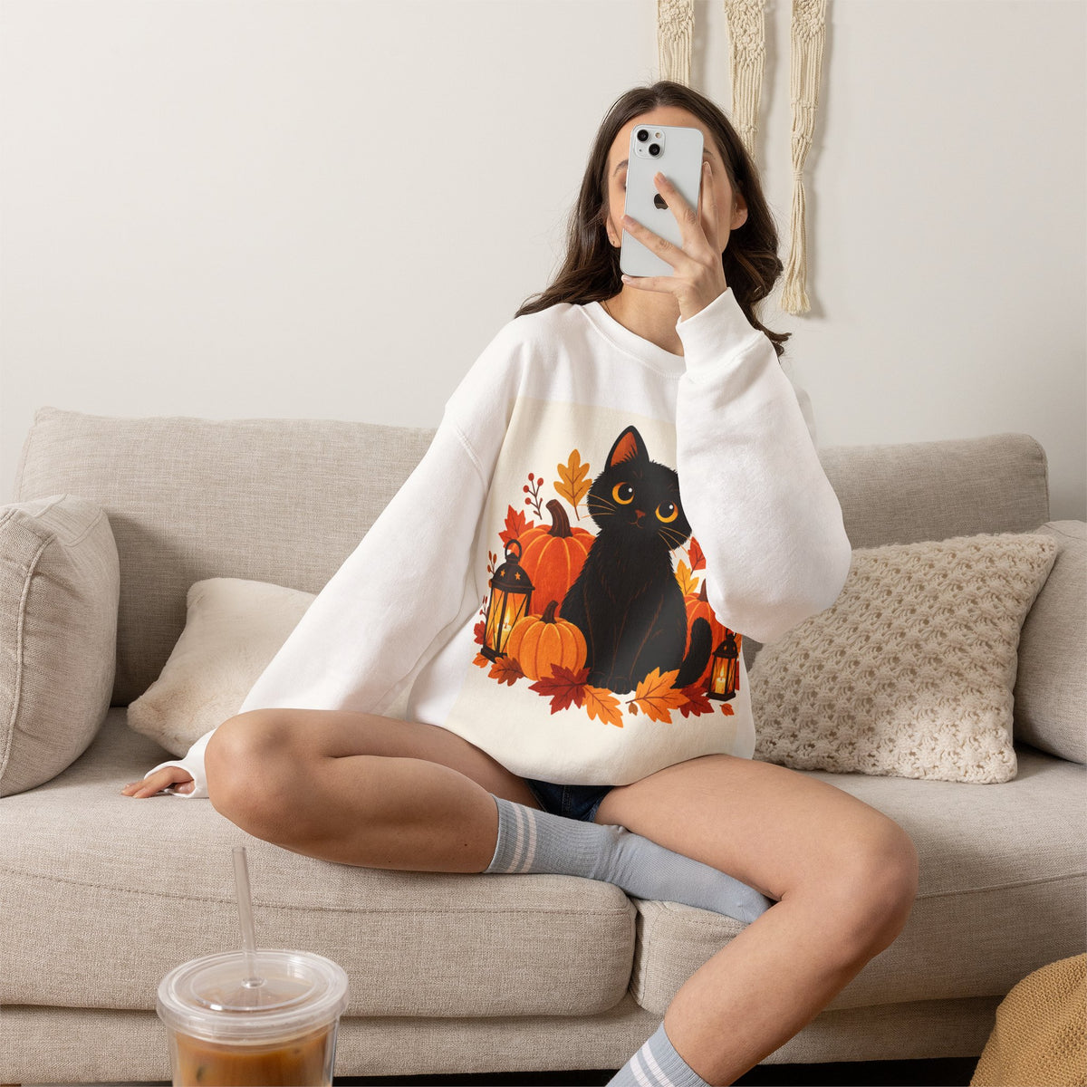Autumn Black Cat Sweatshirt — Cute Halloween Pumpkin Crewneck