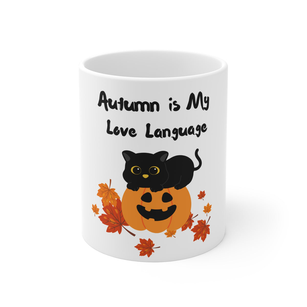 Autumn Is My Love Language Mug | Cat on Jack-O'-Lantern, Falling Leaves