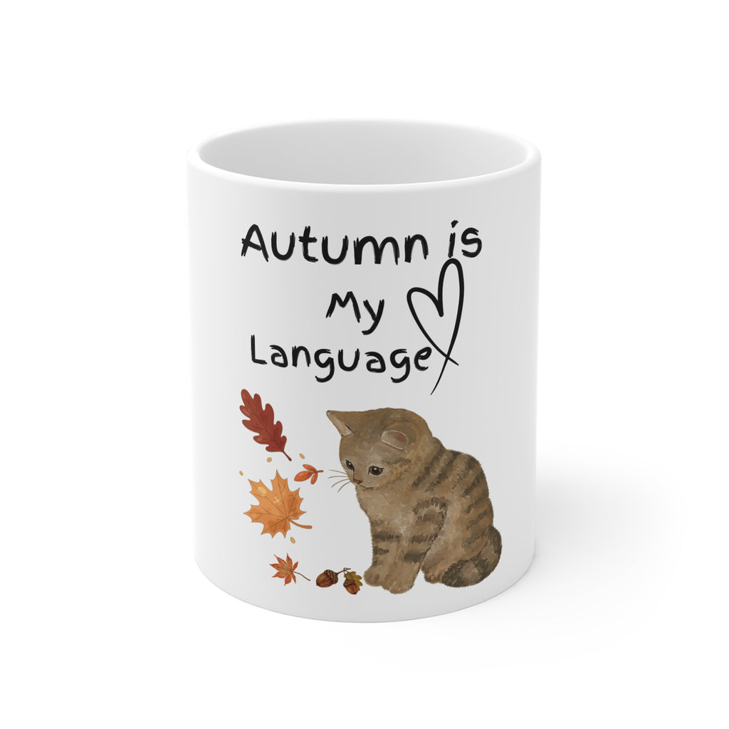 Autumn Is My Language kitten mug | fall leaves, cozy seasonal coffee cup
