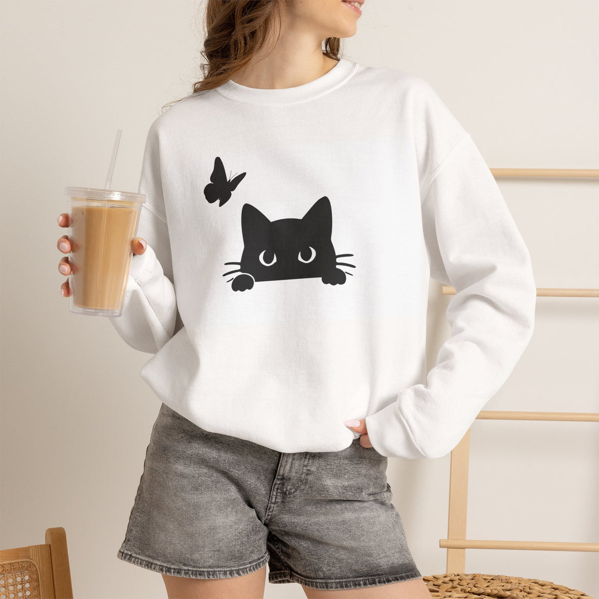 Cute Peeking Cat & Butterfly Sweatshirt
