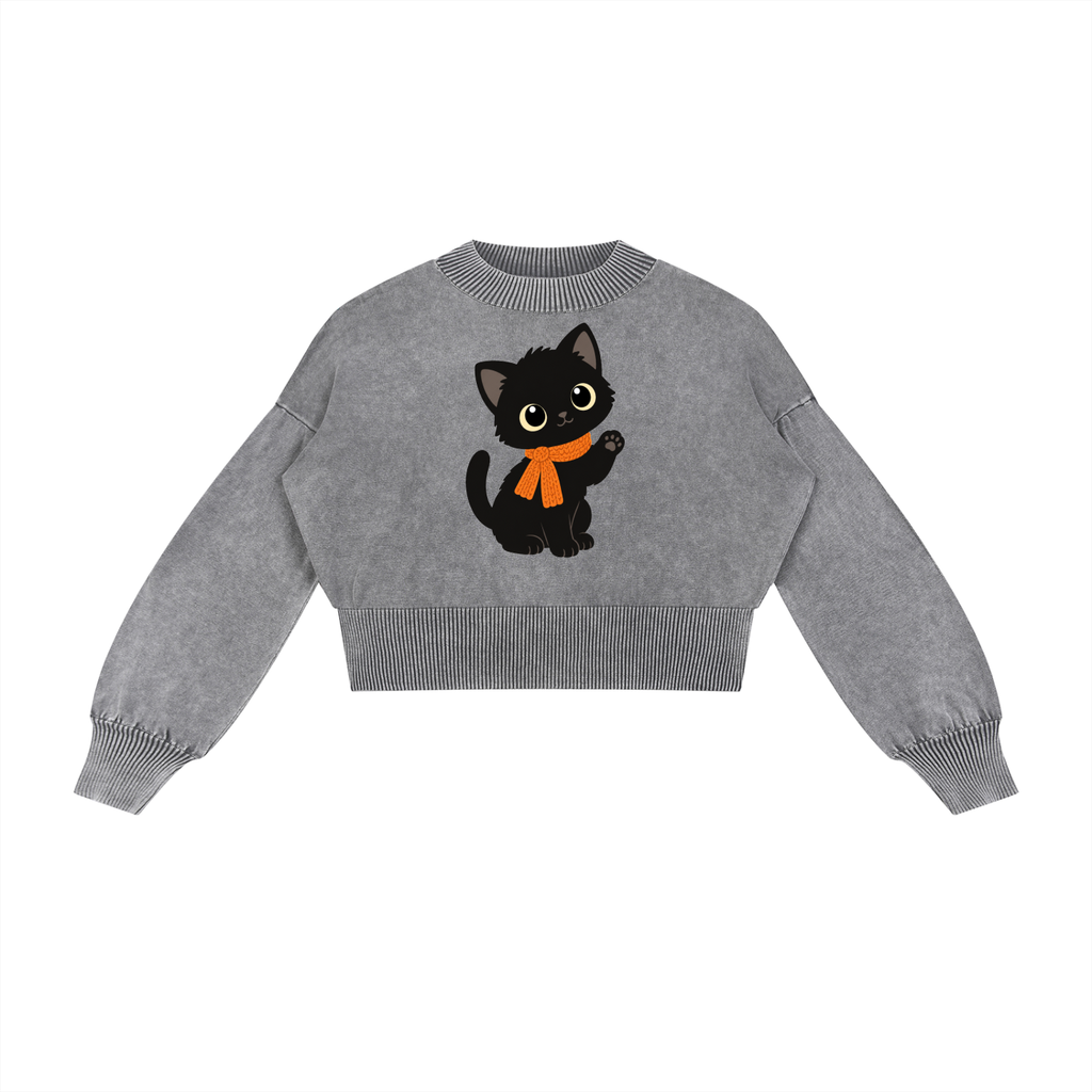 Mineral Wash Balloon Sleeve Cropped Sweater